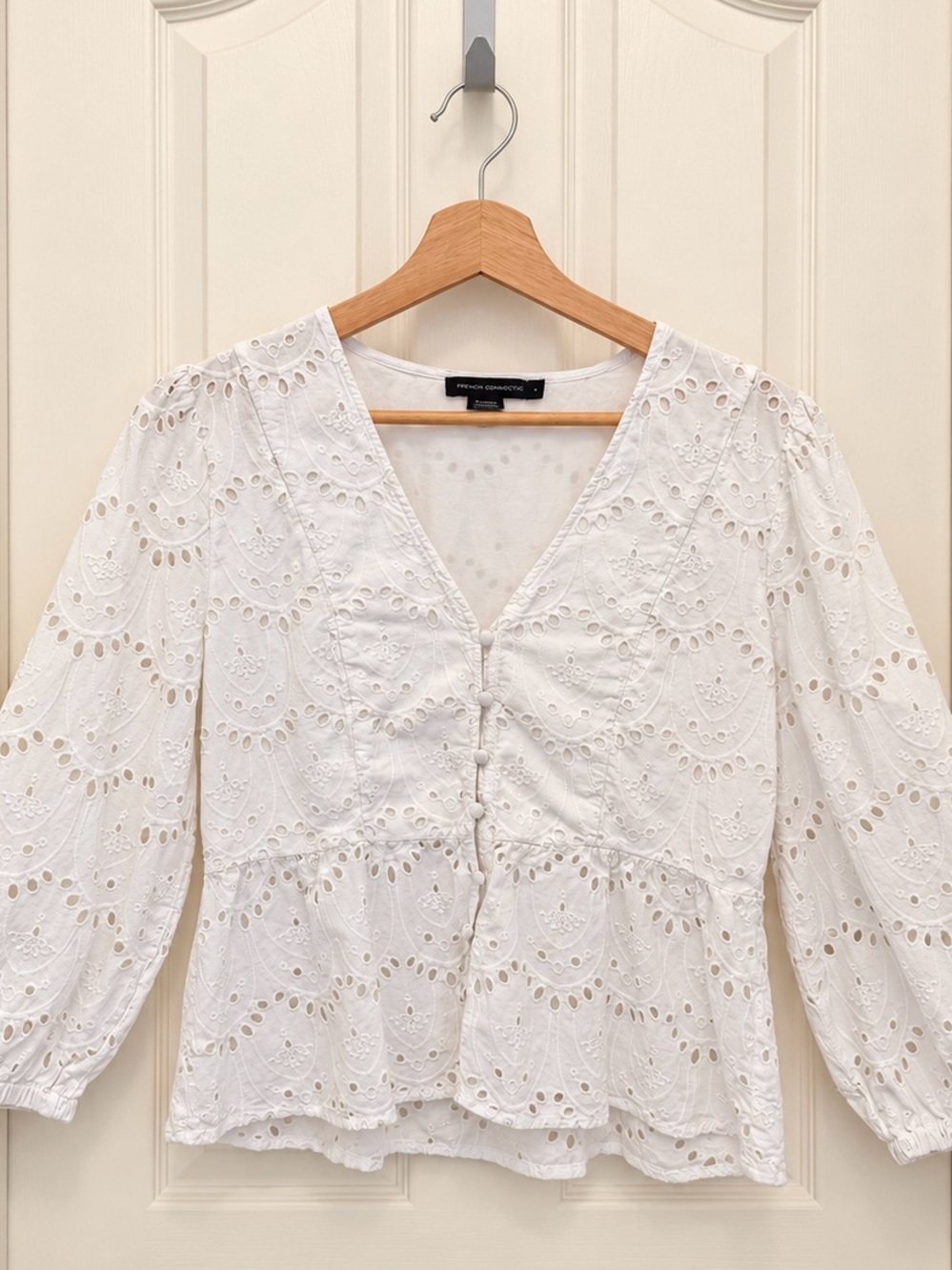 French Connection White Eyelet Button-Front Peplum Blouse